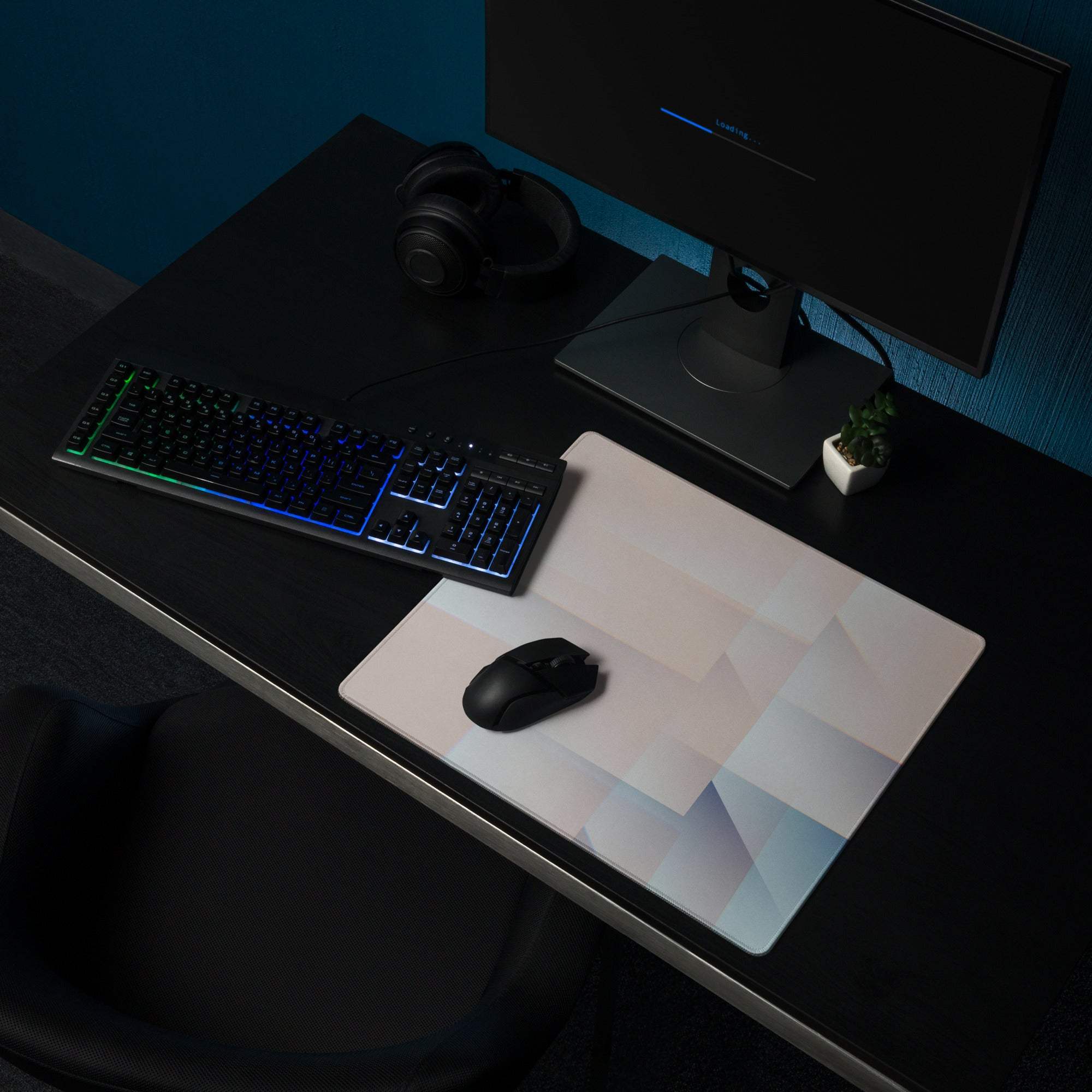 Pastel geometric gaming mouse pad with large surface, non-slip backing, edge stitching