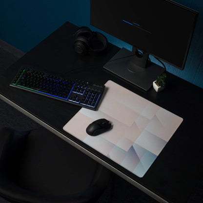 Pastel geometric gaming mouse pad with large surface, non-slip backing, edge stitching