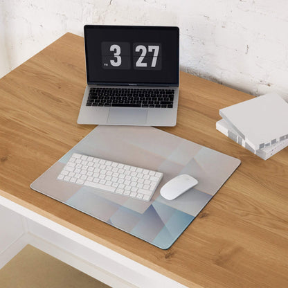 Large pastel geometric gaming mouse pad with gray pattern, non-slip backing, edge stitching