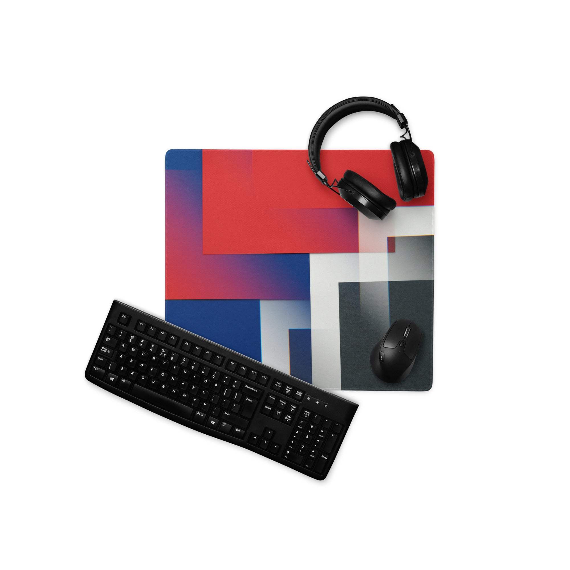 Geometric abstract gaming mouse pad with bold red blue white blocks