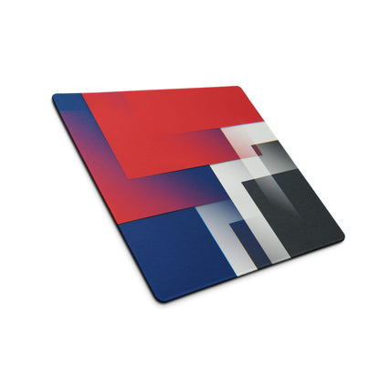Geometric abstract gaming mouse pad with red navy blue shapes and non-slip backing
