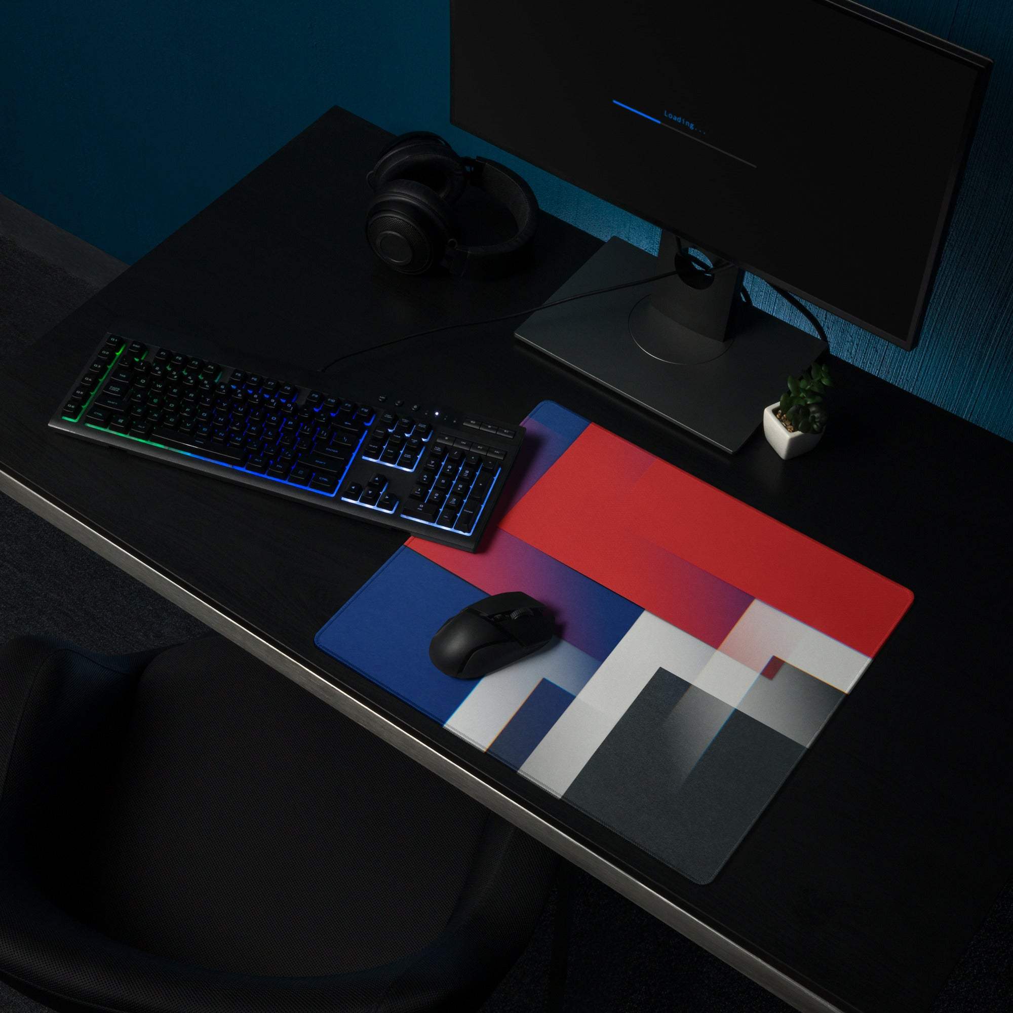 Geometric abstract gaming mouse pad with bold red blue white blocks