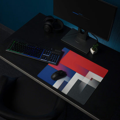Geometric abstract gaming mouse pad with bold red blue white blocks