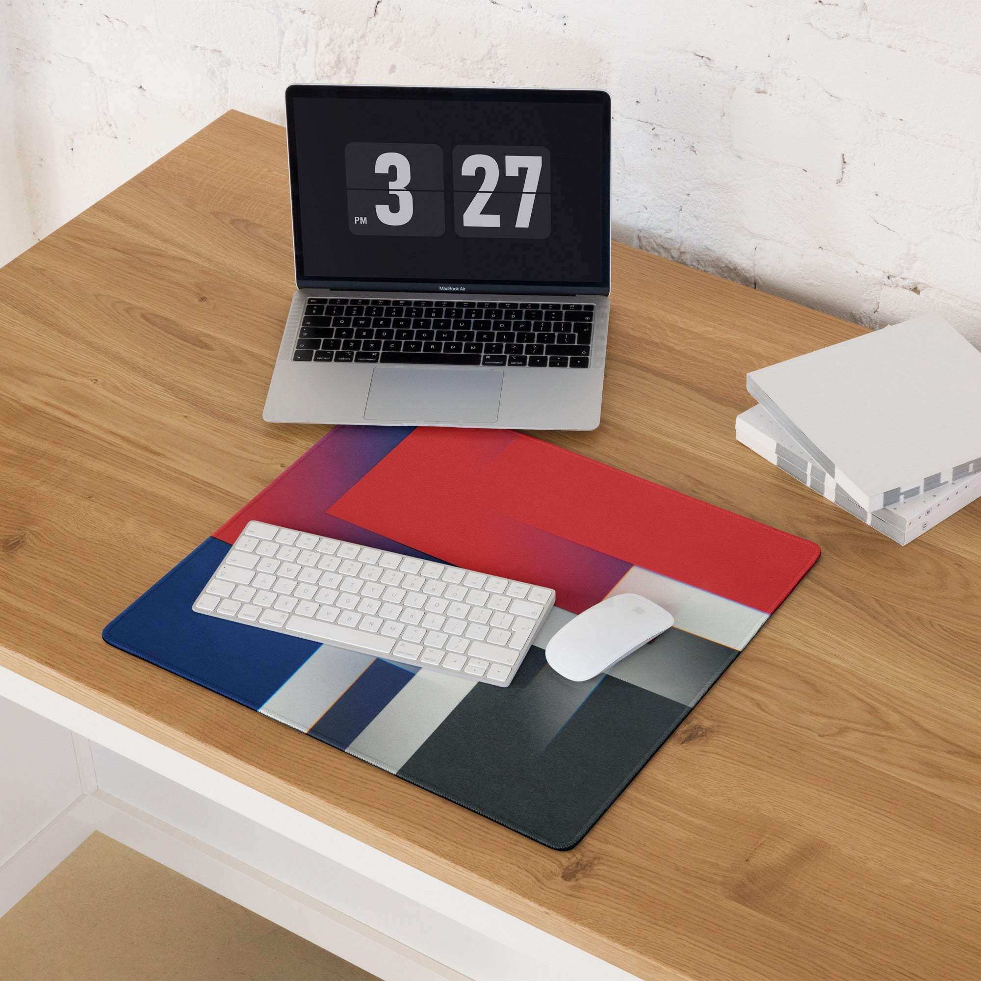 Geometric abstract gaming mouse pad with bold red blue gray white blocks