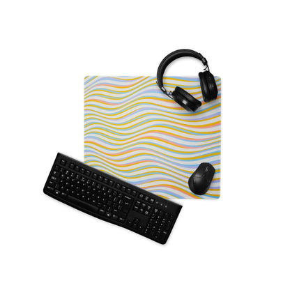 Vibrant wavy pastel mouse pad with non-slip base and stitched edges