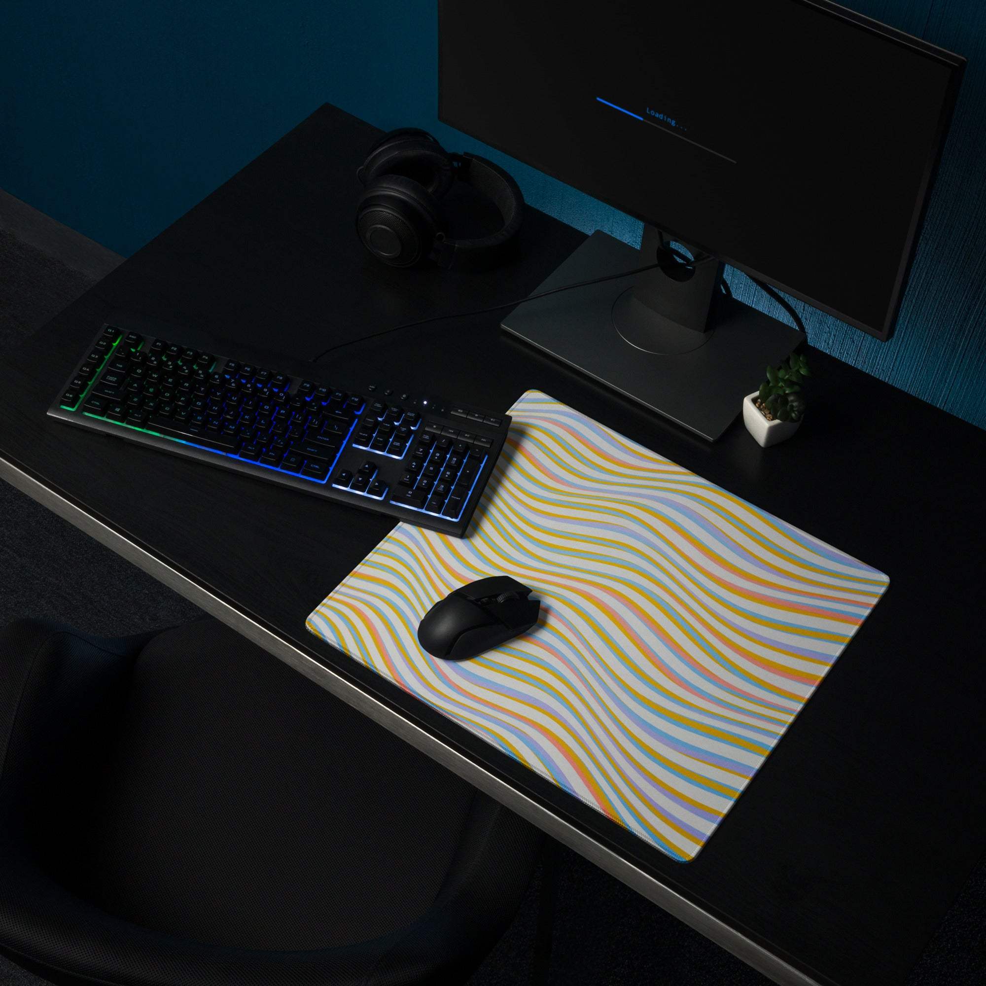 Vibrant multicolor wavy pastel stripe gaming mouse pad with non-slip base
