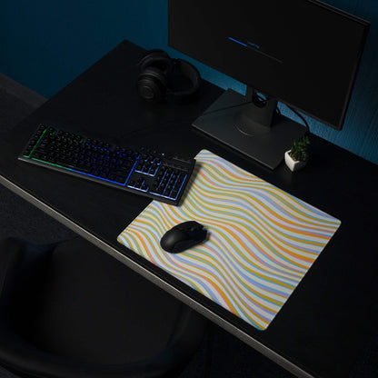 Vibrant multicolor wavy pastel stripe gaming mouse pad with non-slip base