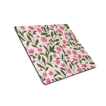 Pink floral gaming mouse pad with green vines, large size, non-slip backing