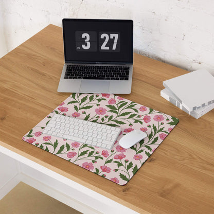 Large pink floral gaming mouse pad with green stems, blossoms, non-slip backing