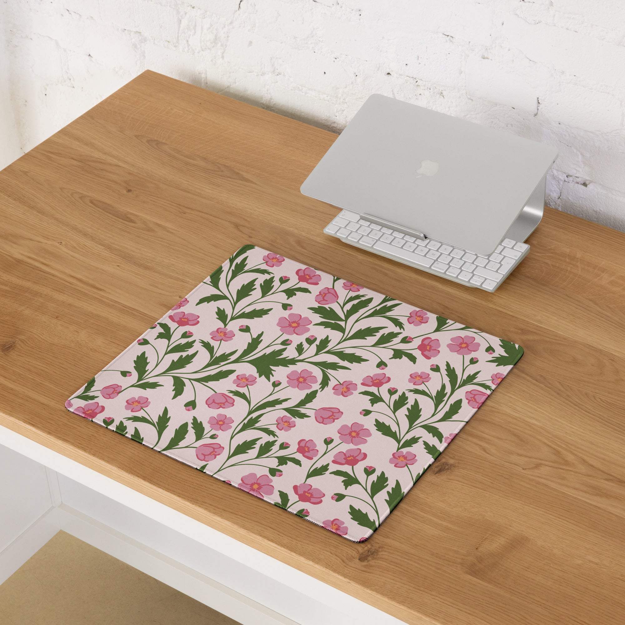 Large floral pink green gaming mouse pad with non-slip backing