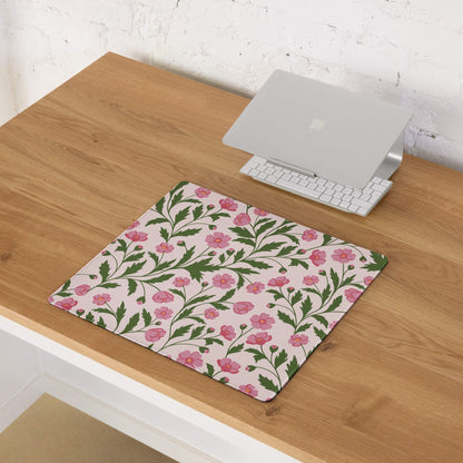 Large floral pink green gaming mouse pad with non-slip backing