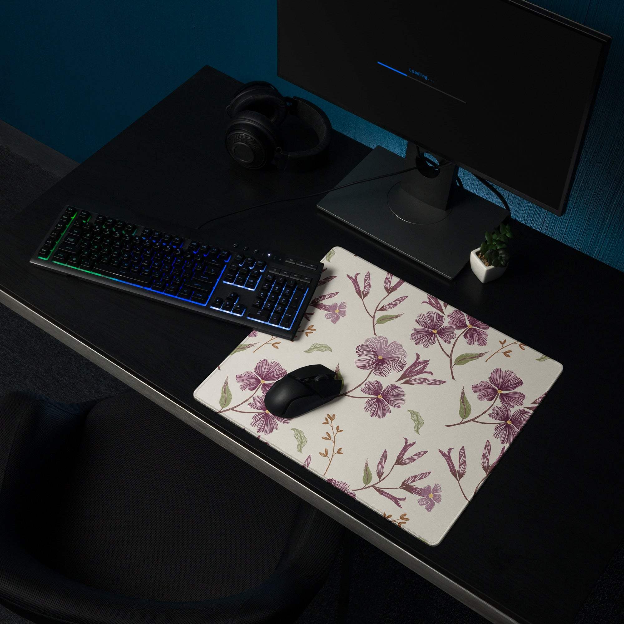 Large beige purple floral gaming mouse pad with non-slip base