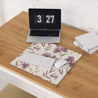 Large beige purple floral gaming mouse pad with non-slip base and stitched edges