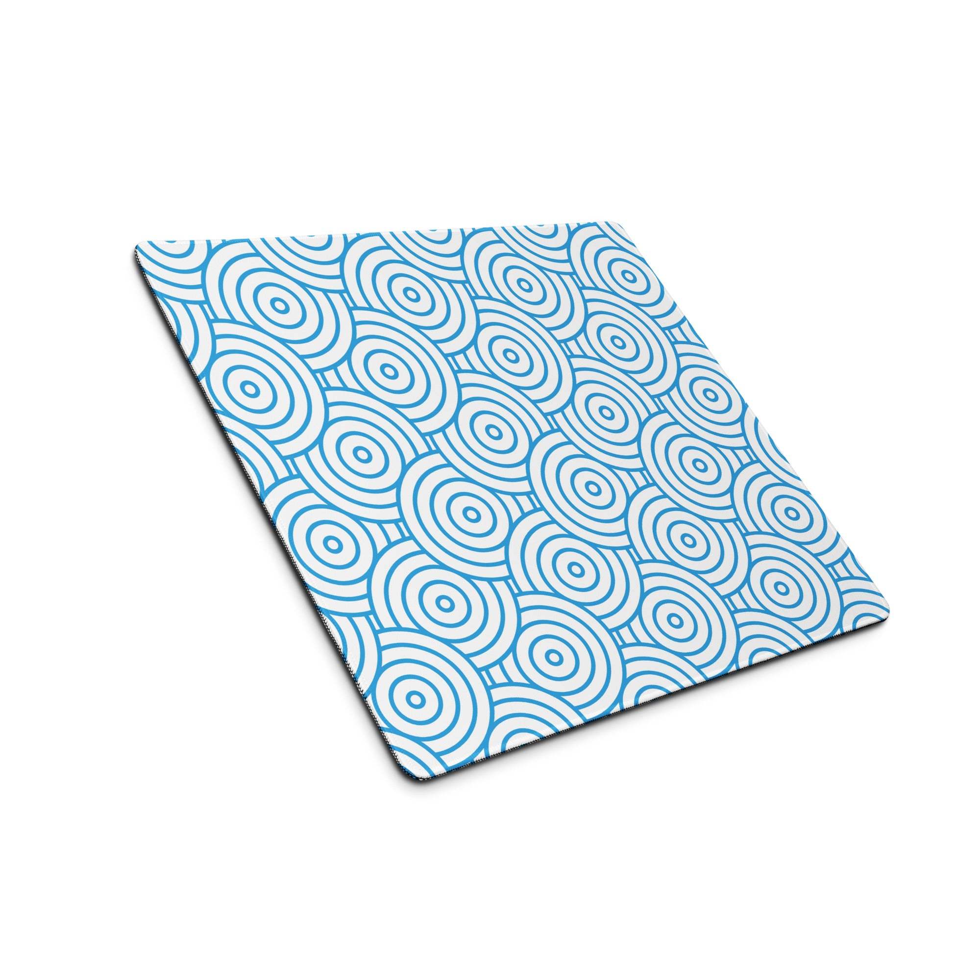 Blue geometric spiral ocean gaming mouse pad, large size, white background