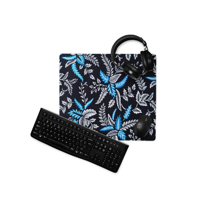 Large modern botanical blue white leaves gaming mouse pad on black non-slip stitched