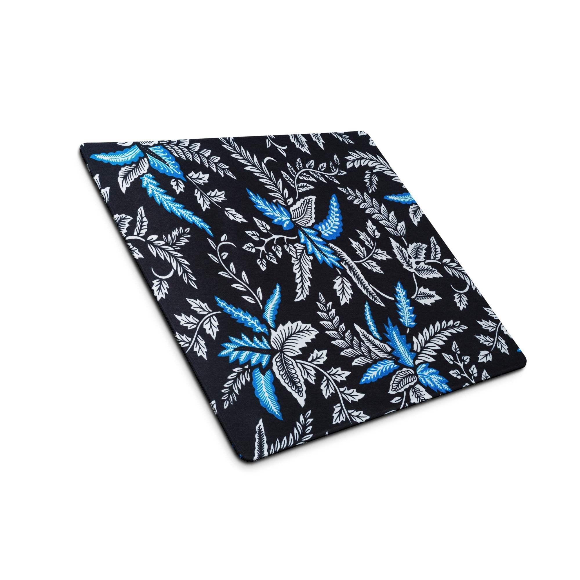 Black gaming mouse pad with blue white botanical leaves birds pattern