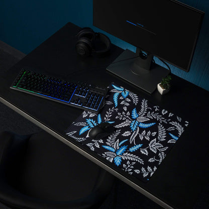 Large modern botanical leaves gaming mouse pad with blue white pattern on black non-slip stitched base