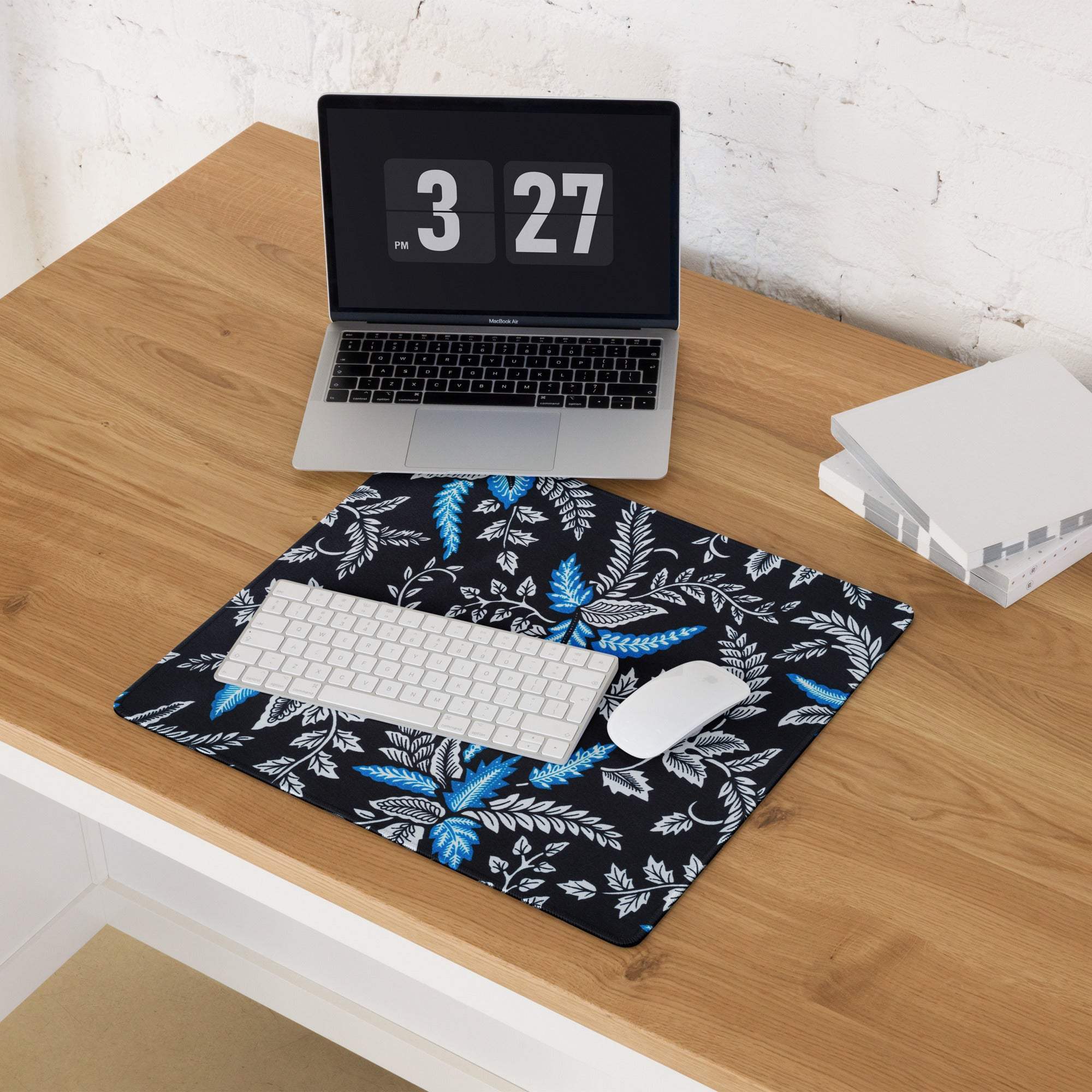 Large modern botanical blue white fern pattern gaming mouse pad on black