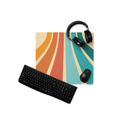 Retro vibe gaming mouse pad with orange coral teal stripes