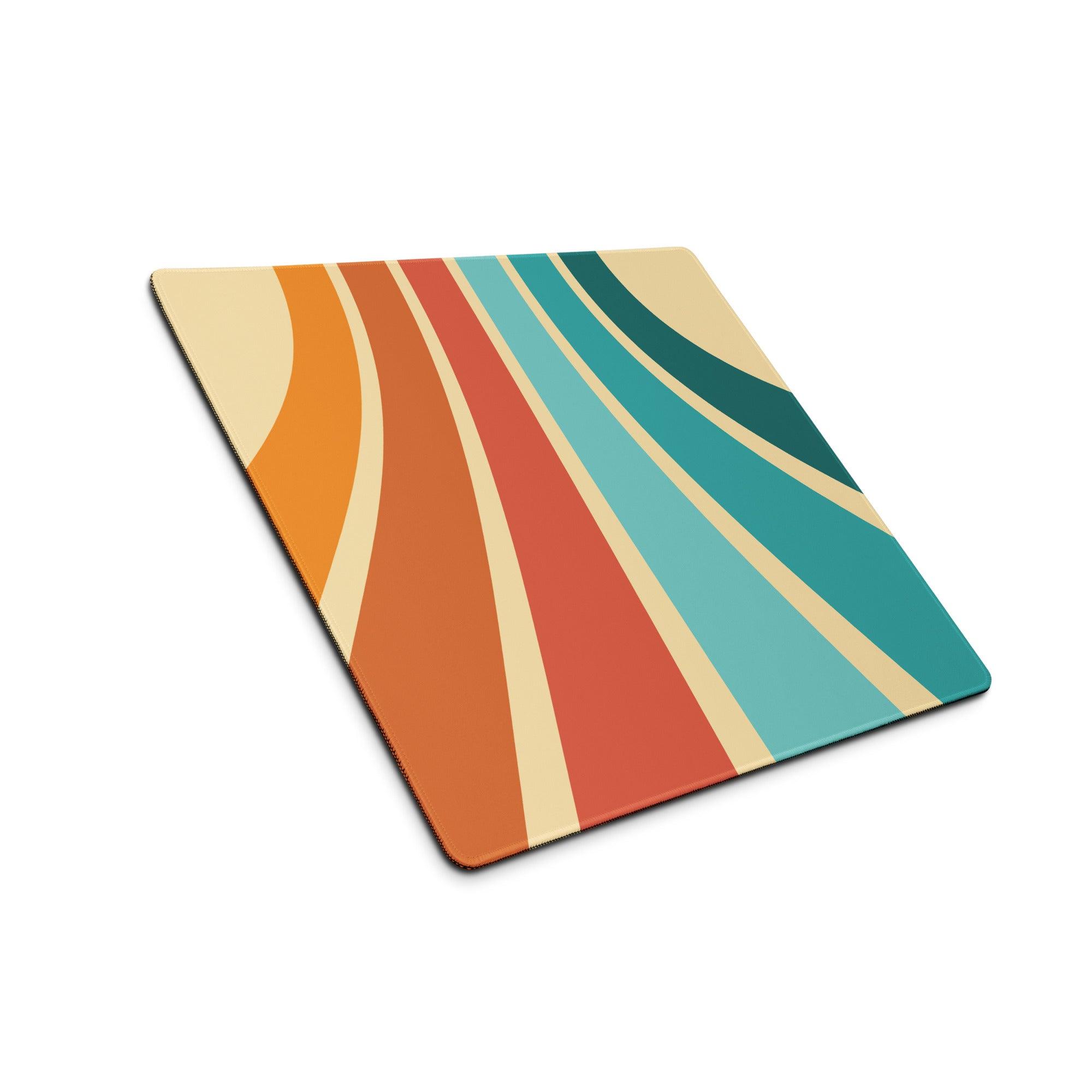 Retro vibe gaming mouse pad with orange red teal cream stripes non-slip stitching