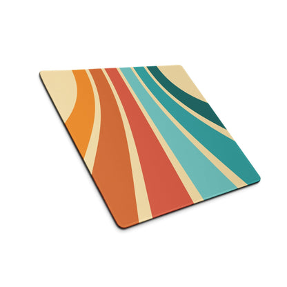 Retro vibe gaming mouse pad with orange red teal cream stripes non-slip stitching