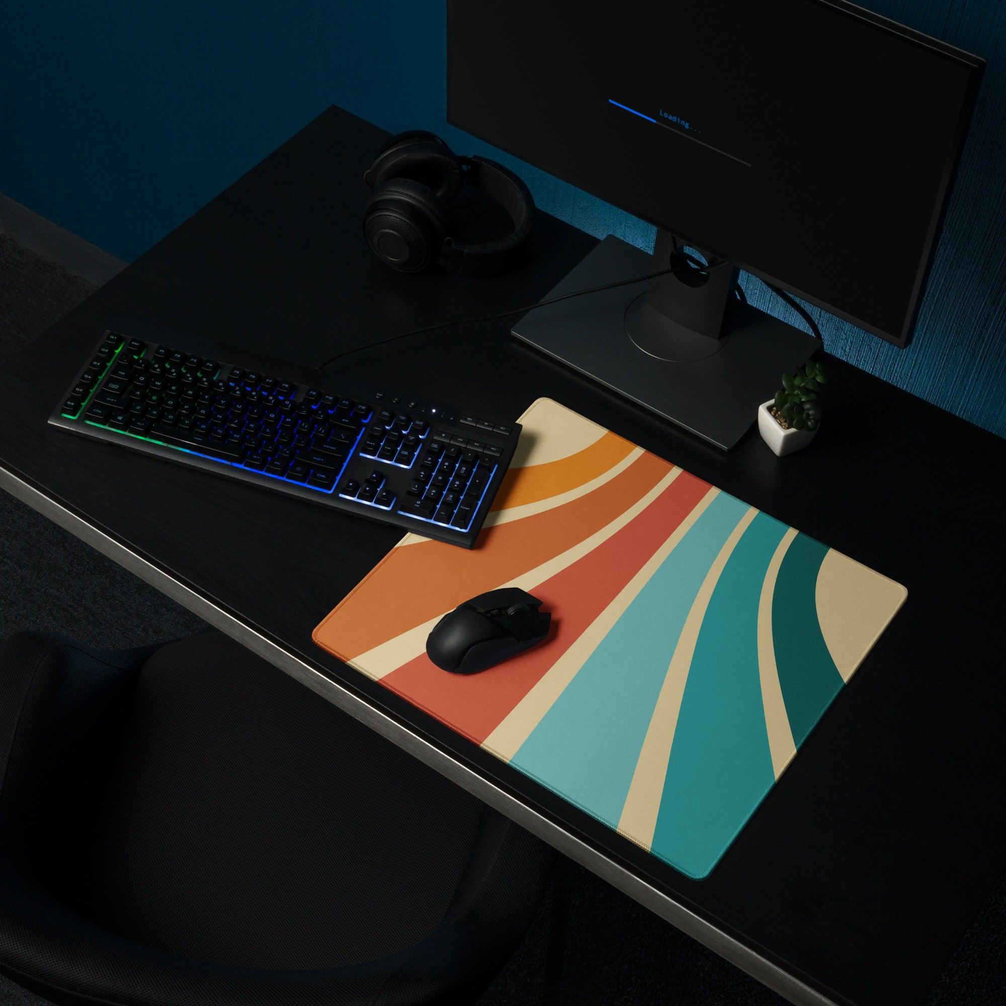 Abstract gaming mouse pad with retro teal sunset stripes, non-slip edge stitching