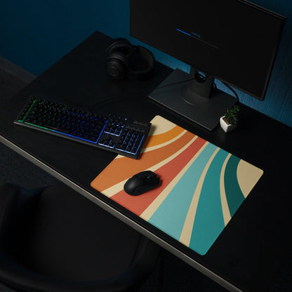 Abstract gaming mouse pad with retro teal sunset stripes, non-slip edge stitching