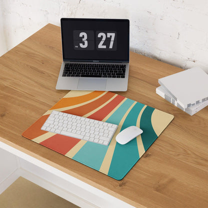 Vibrant retro gaming mouse pad with teal sunset stripes, non-slip edge stitching