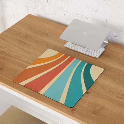 Retro vibe gaming mouse pad with vibrant teal sunset stripes, non-slip stitching