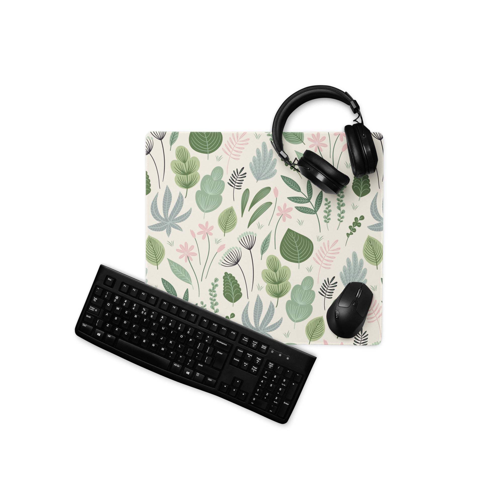 Pastel green floral leaf gaming mouse pad large non-slip surface