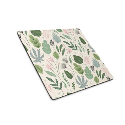 Pastel green floral leaf gaming mouse pad with pink flowers, large non-slip