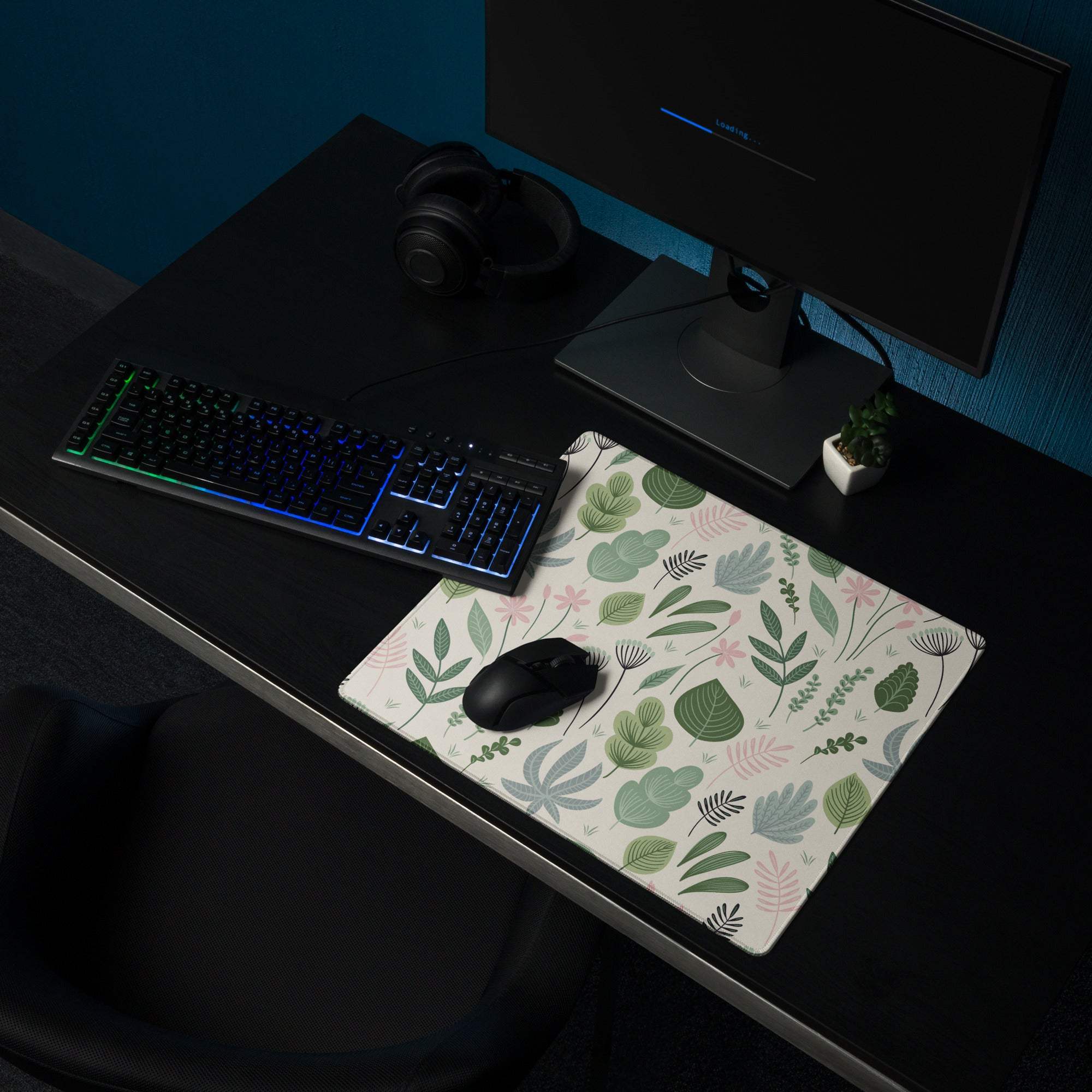 Pastel green floral leaf gaming mouse pad with non-slip surface