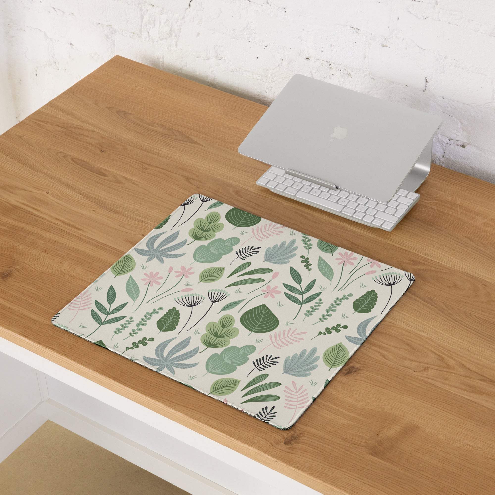 Large pastel green floral leaf gaming mouse pad with non-slip surface