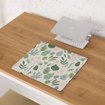 Large pastel green floral leaf gaming mouse pad with non-slip surface
