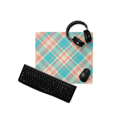 Vibrant teal peach plaid gaming mouse pad with non-slip base and stitched edges