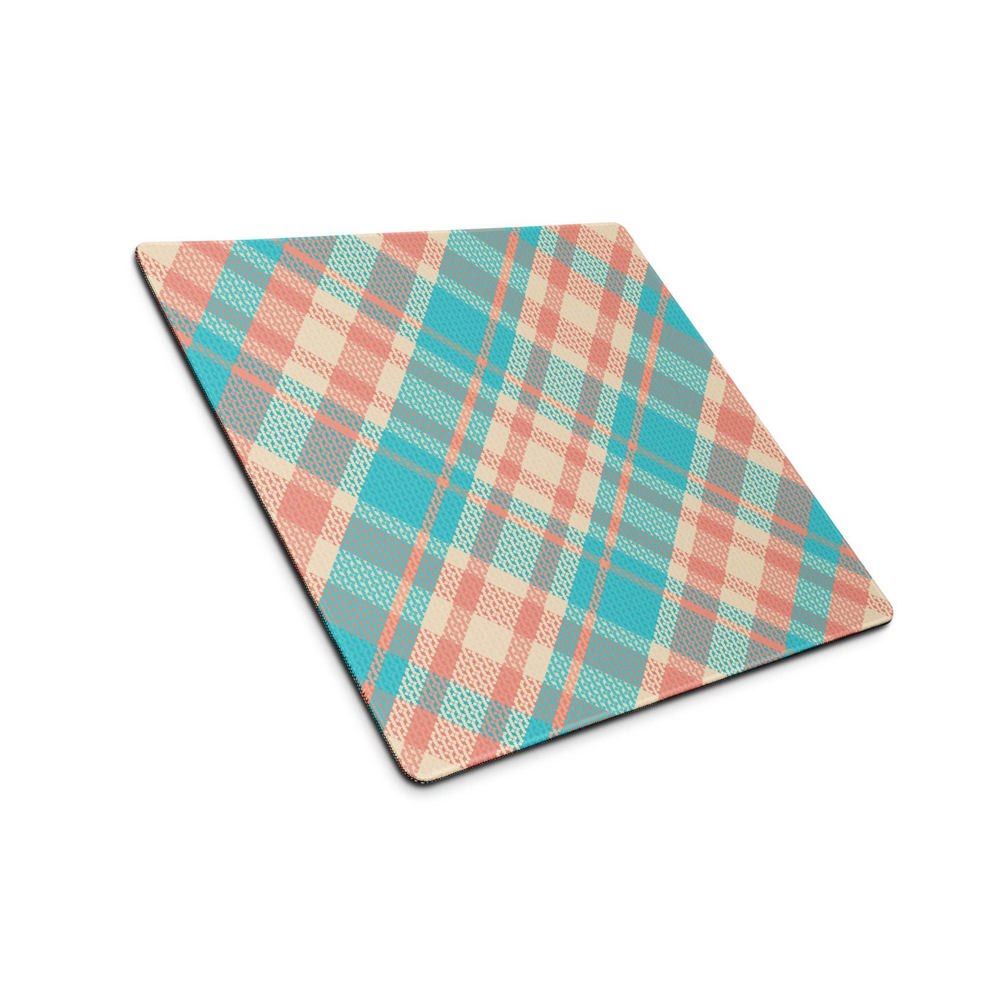 Vibrant teal peach plaid square gaming mouse pad with non-slip base