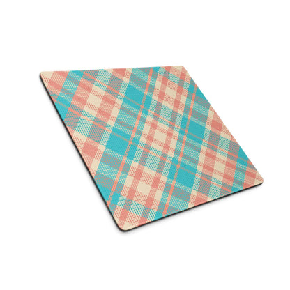 Vibrant teal peach plaid square gaming mouse pad with non-slip base