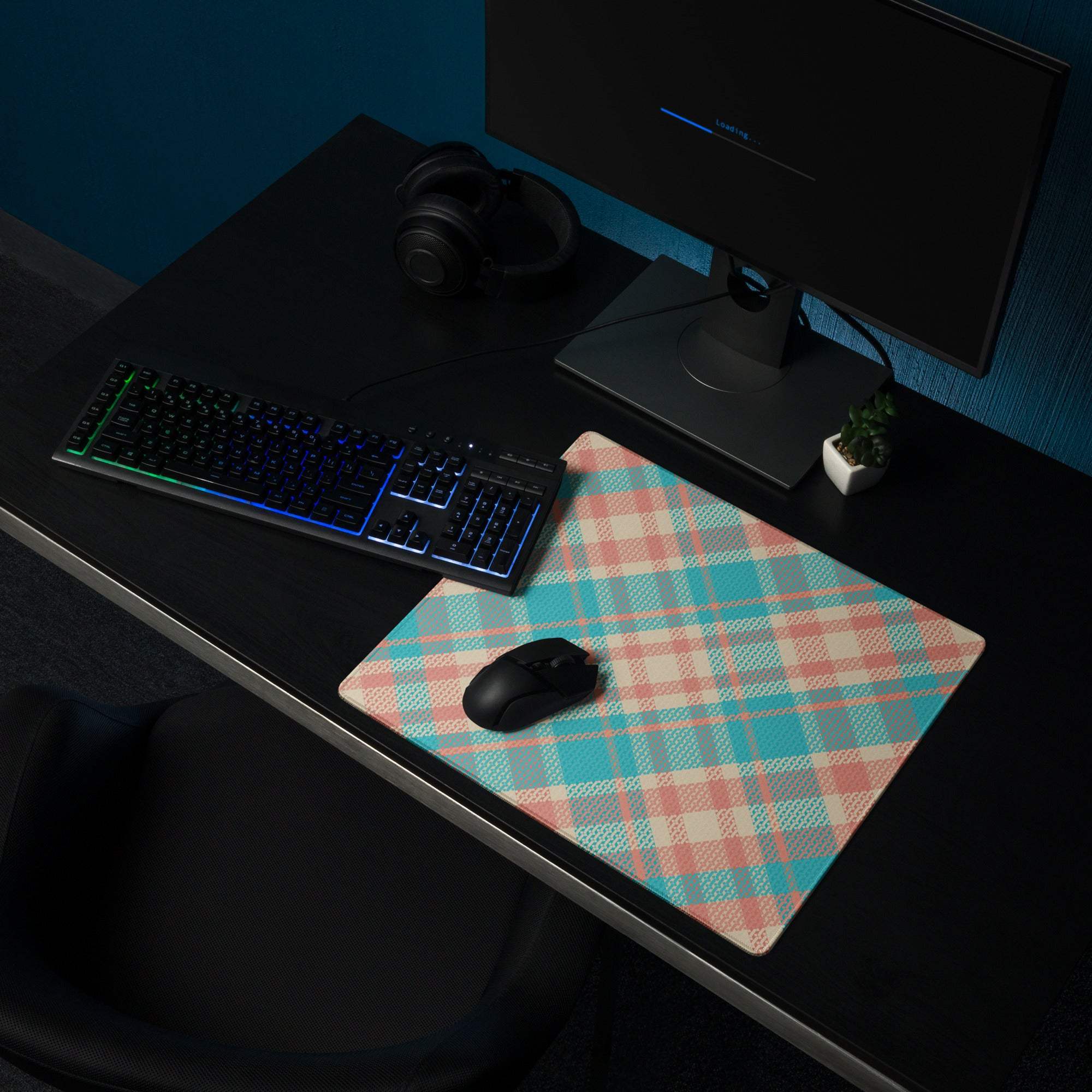 Vibrant pastel plaid gaming mouse pad in pink blue cream with non-slip base