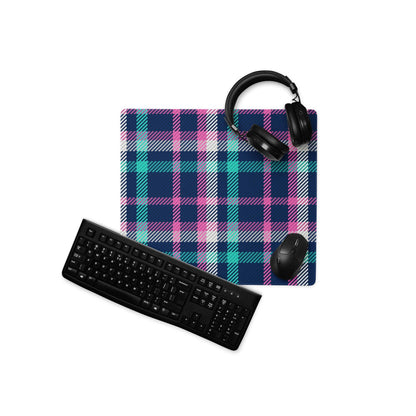Vibrant pink navy teal plaid gaming mouse pad with non-slip base