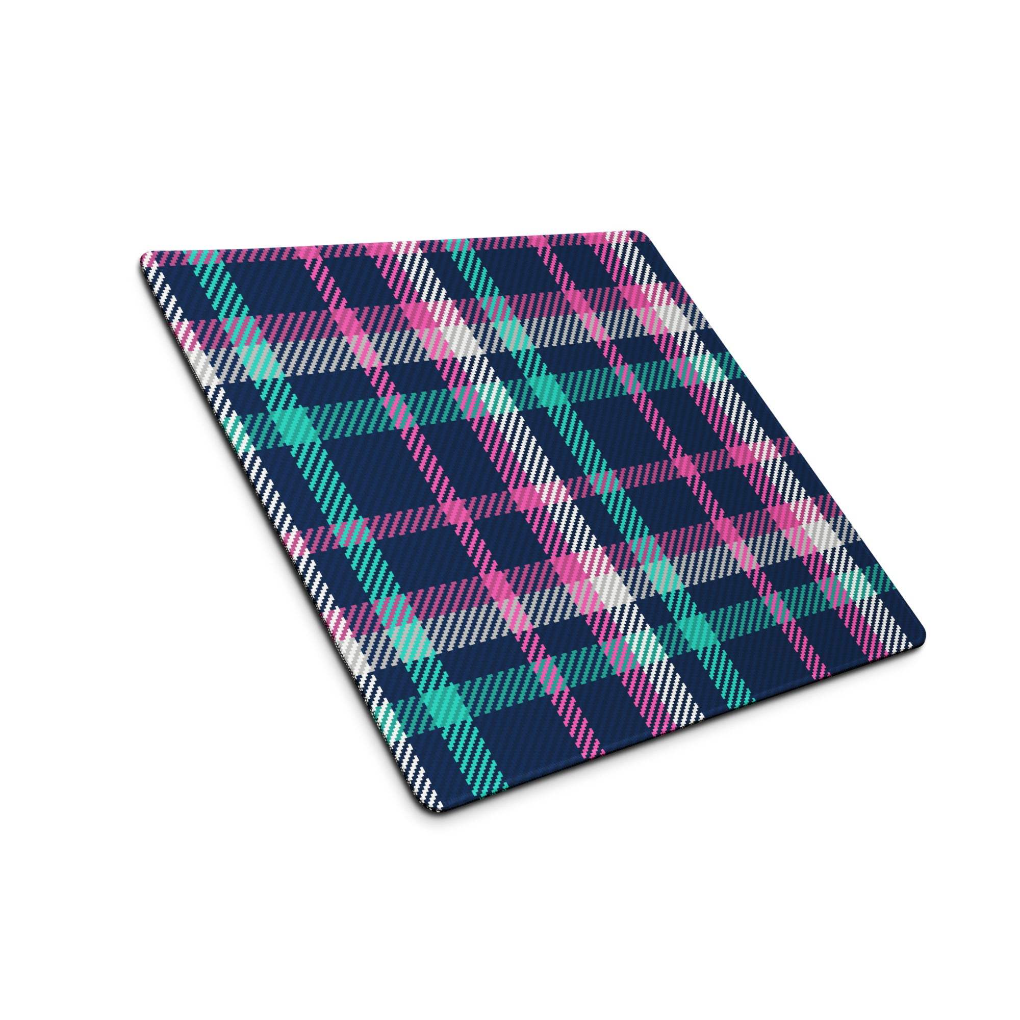 Vibrant pink navy teal plaid gaming mouse pad with non-slip base