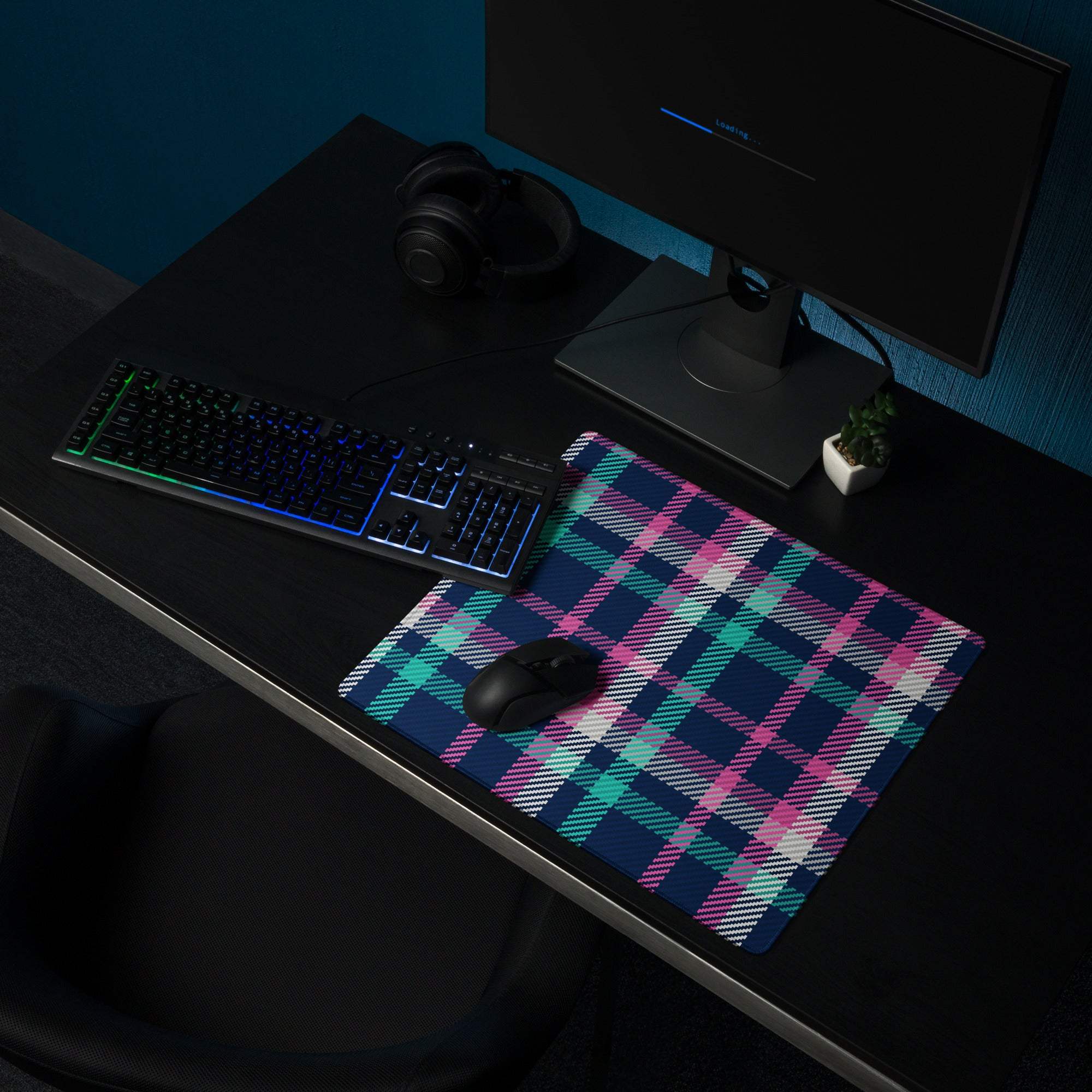 Vibrant pink navy teal plaid gaming mouse pad with non-slip base