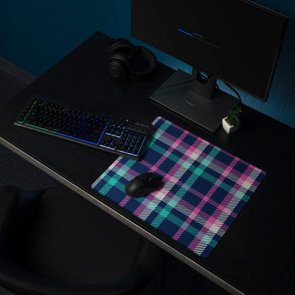 Vibrant pink navy teal plaid gaming mouse pad with non-slip base