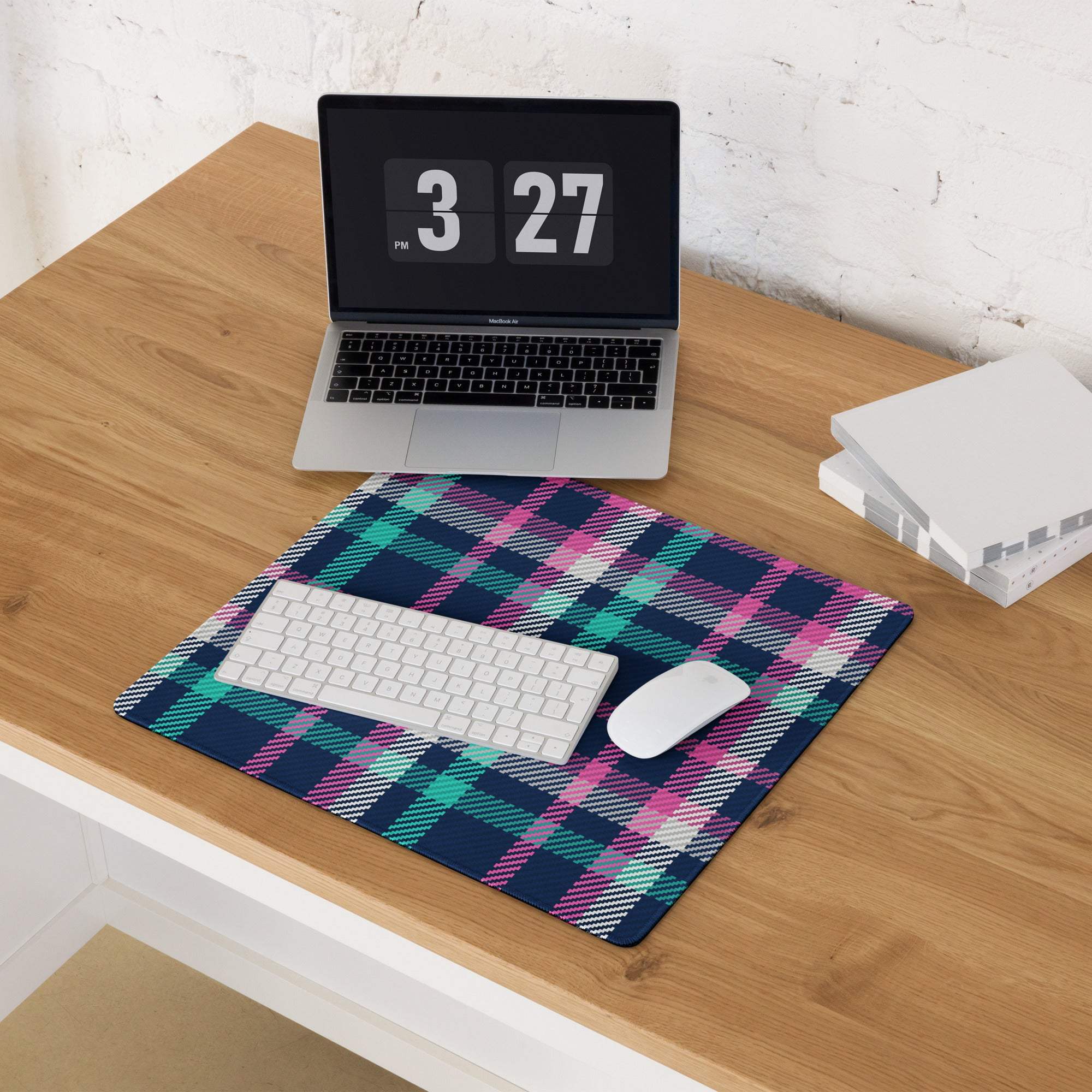 Vibrant navy blue pink teal plaid gaming mouse pad with non-slip base