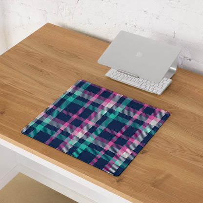 Vibrant pink navy teal plaid gaming mouse pad with non-slip base