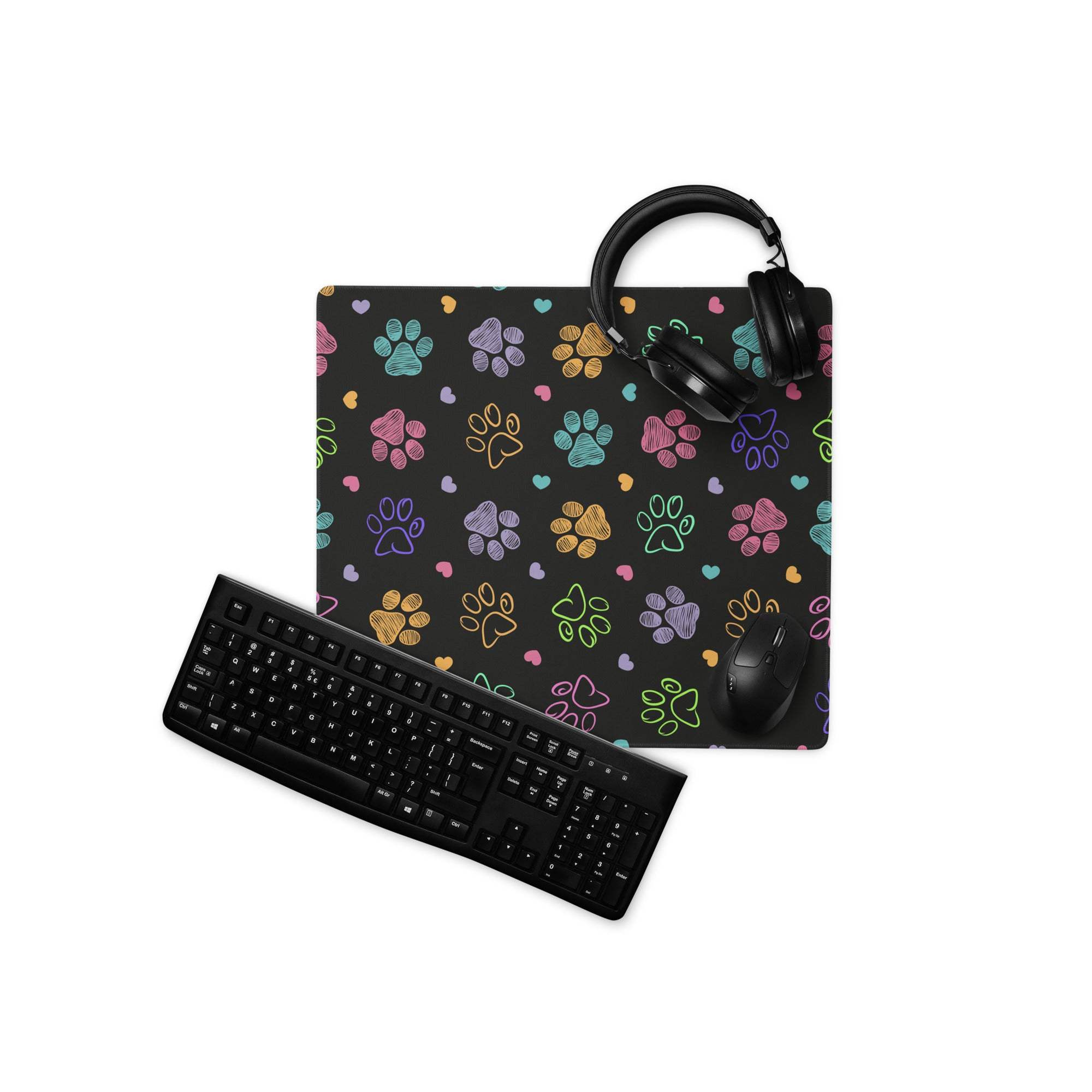 Large colorful paw print gaming mouse pad with non-slip base