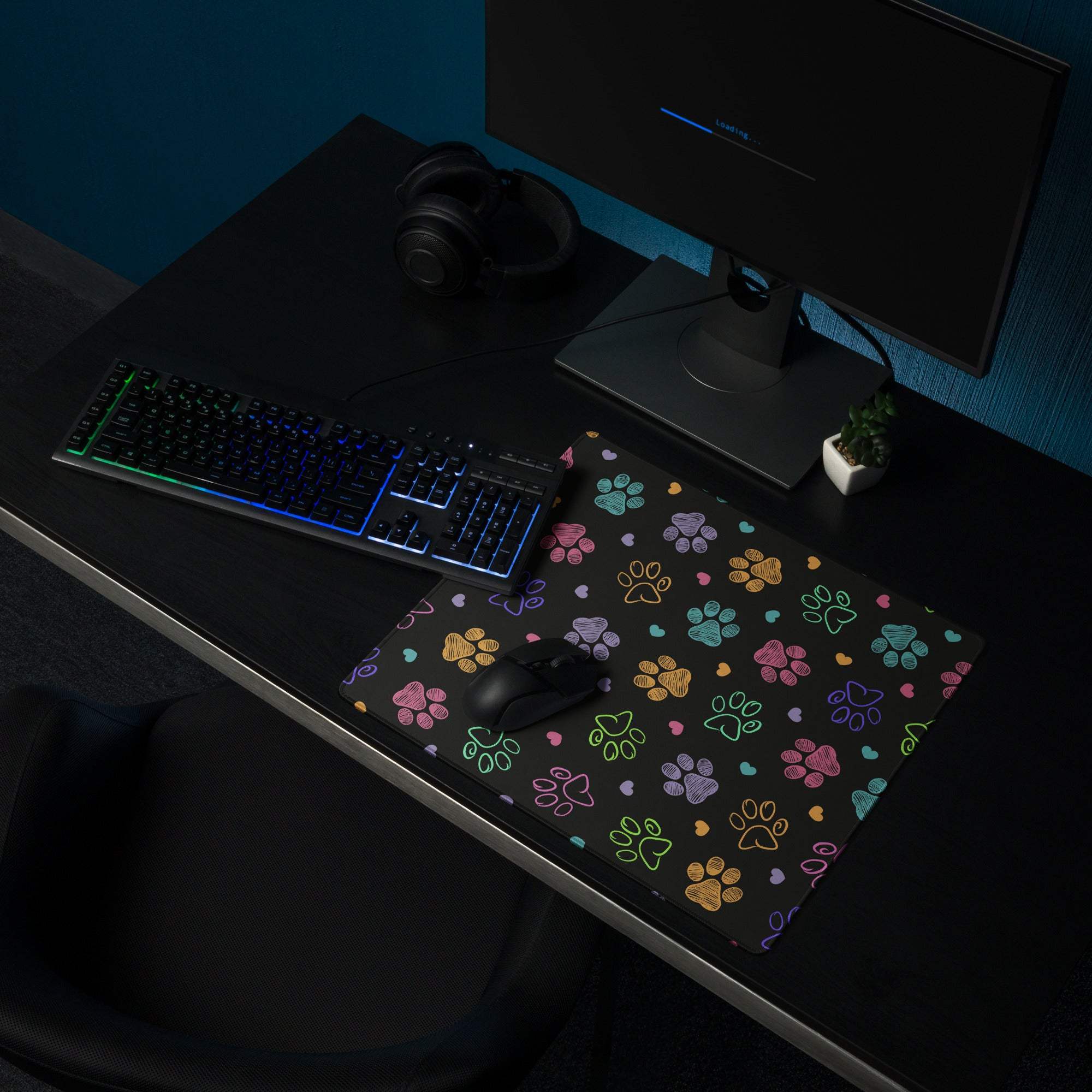 Large colorful paw print gaming mouse pad with rainbow prints, non-slip base