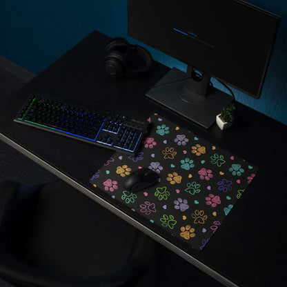 Large colorful paw print gaming mouse pad with rainbow prints, non-slip base