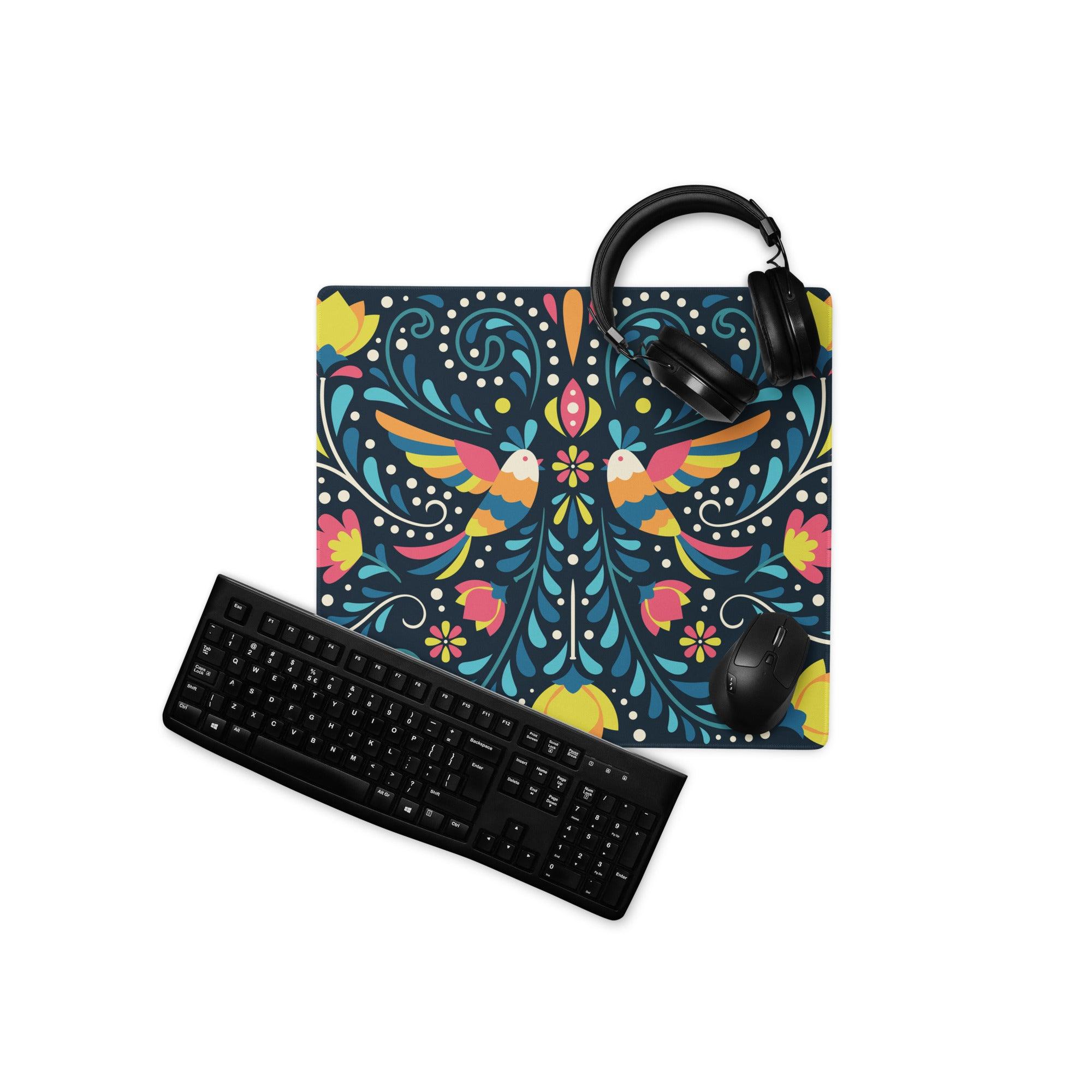 Whimsical colorful floral birds gaming mouse pad with large surface