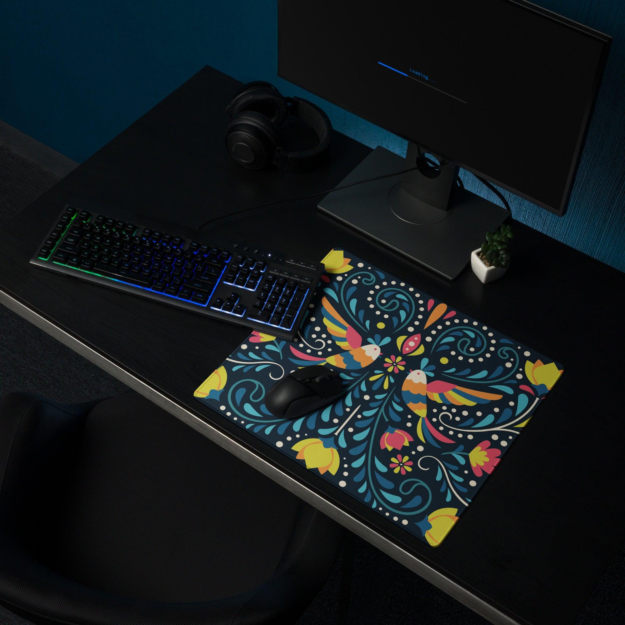 Whimsical colorful floral birds gaming mouse pad with dark blue background