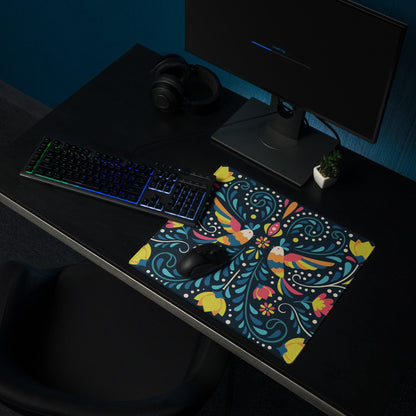 Whimsical colorful floral birds gaming mouse pad with dark blue background